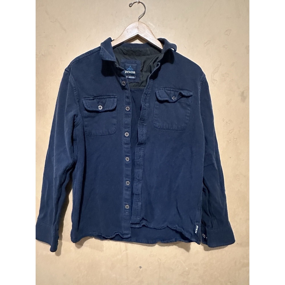Prana Men's Long Sleeve‎ Button Up Flannel Shirt Size M Navy Blue Organic Cotton